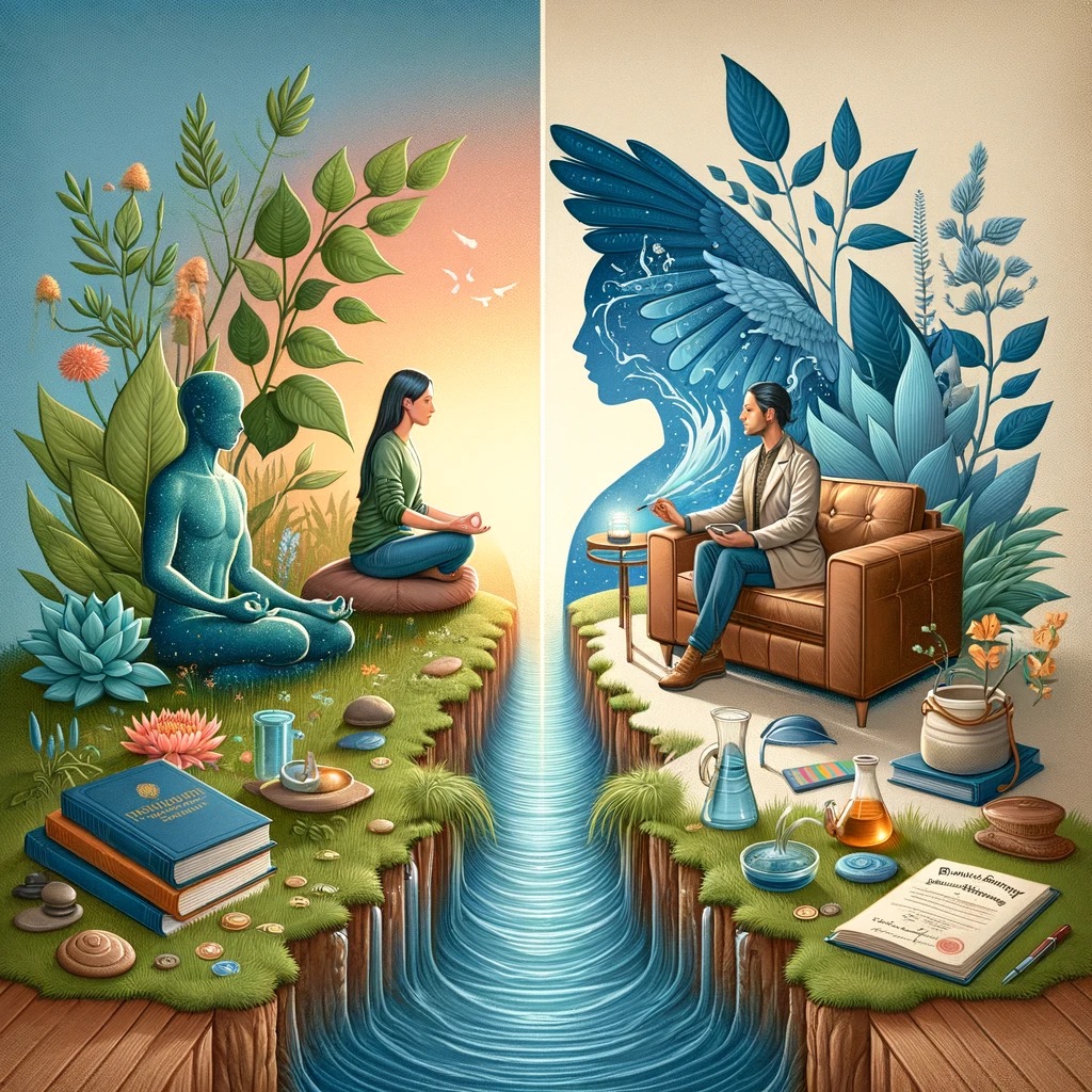  ChAn engaging depiction of holistic and traditional mental wellness therapies, featuring a person meditating in a serene garden and another in therapy, with 'Dalal Akoury' subtly integrated.