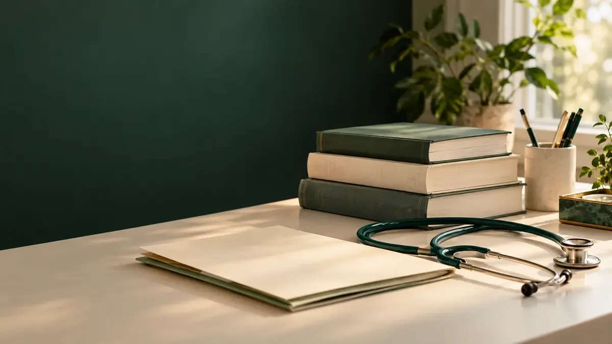 Des ouvrages médicaux de référence et un stéthoscope à côté d'un dossier d'information chez AWAREmed à Johnson City, Tennessee.