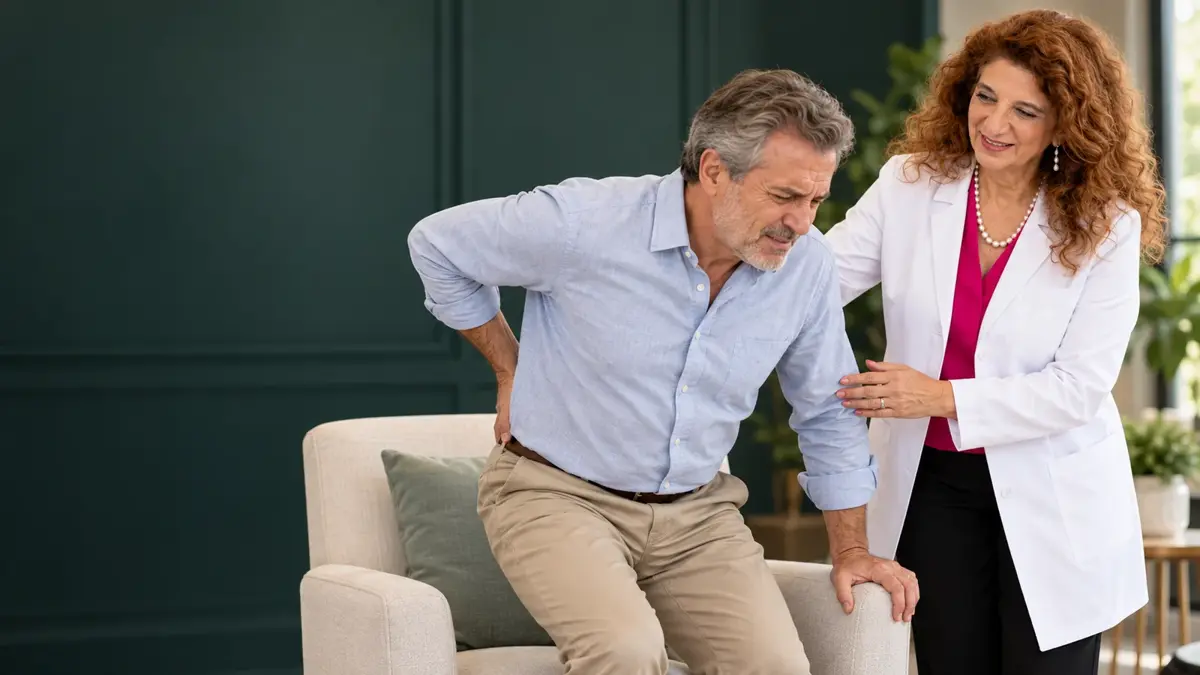 رجل يسند أسفل ظهره أثناء النهوض من الكرسي بجانب الدكتورة دلال عاقوري في AWAREmed في جونسون سيتي، تينيسي.
