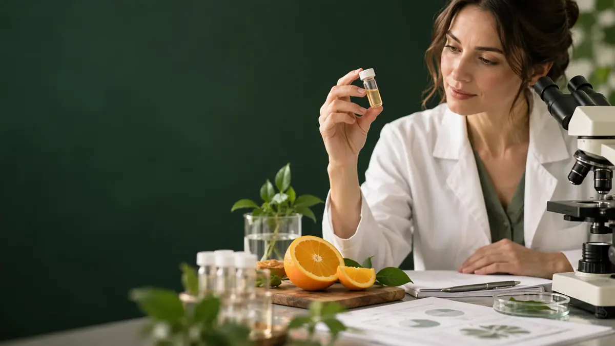 Des tranches d'orange et un flacon d'échantillon fermé à côté d'un microscope et de documents de recherche chez AWAREmed à Johnson City, Tennessee.