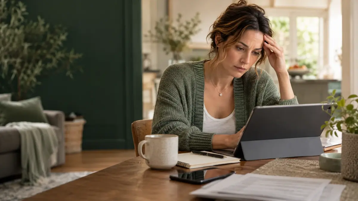 امرأة تتوقف للتفكير أثناء تعبئة استبيان عن العافية في AWAREmed في جونسون سيتي، تينيسي.