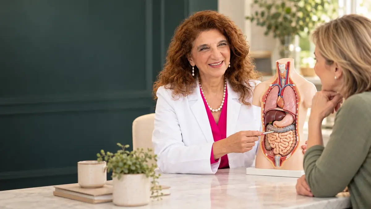 الدكتورة دلال عاقوري تستخدم نموذجًا تشريحيًا لشرح معلومات صحية لمريضة في AWAREmed في جونسون سيتي، تينيسي.
