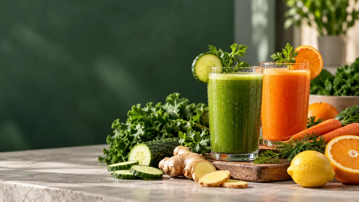 عصائر خضار طازجة بجانب الخيار والجزر والزنجبيل والخضروات الورقية في AWAREmed في جونسون سيتي، تينيسي.