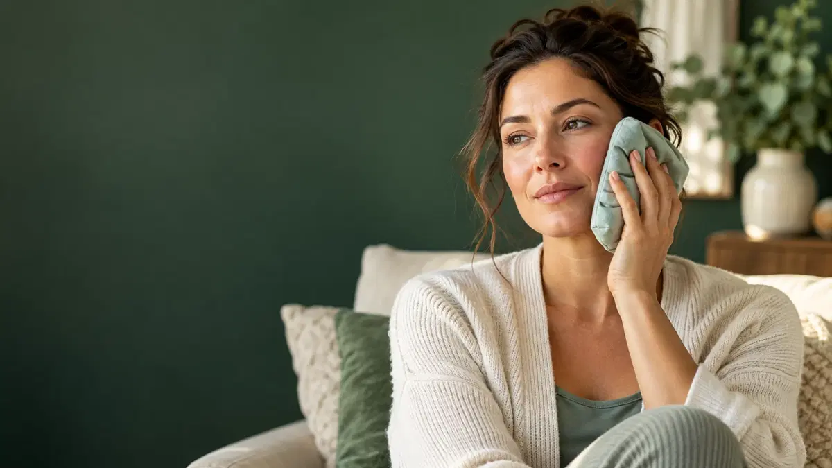 امرأة تضع كمادة باردة على خدها في AWAREmed في جونسون سيتي، تينيسي.