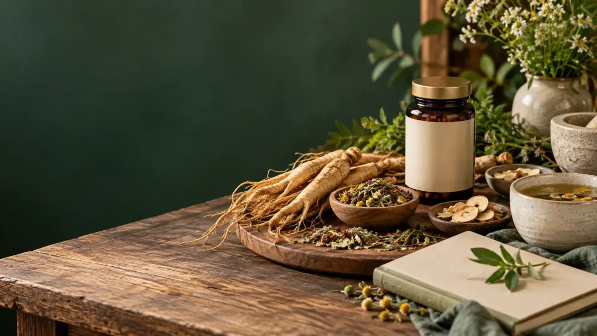 جذور عشبية وشاي وعبوة مكملات بلا ملصق بجانب دفتر في AWAREmed في جونسون سيتي، تينيسي.