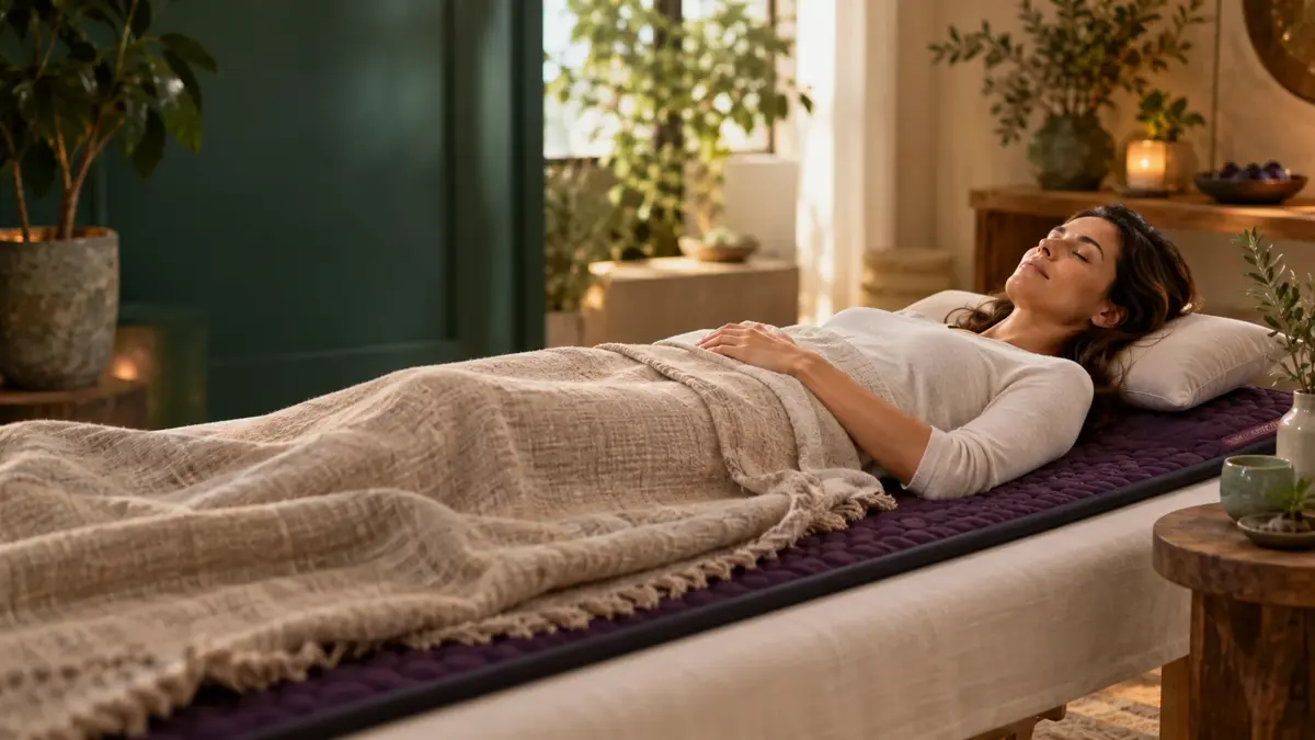 Une femme se repose sur un tapis de bien-être chauffant dans une salle de soins calme chez AWAREmed à Johnson City, Tennessee.