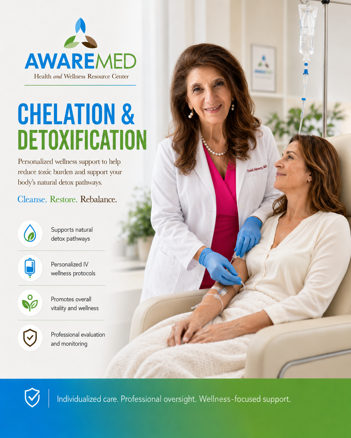 Dr. Dalal Akoury MD — Chelation and Detoxification at AWAREmed Johnson City TN. Cleanse. Restore. Rebalance. Personalized wellness support to reduce toxic burden and support natural detox pathways.