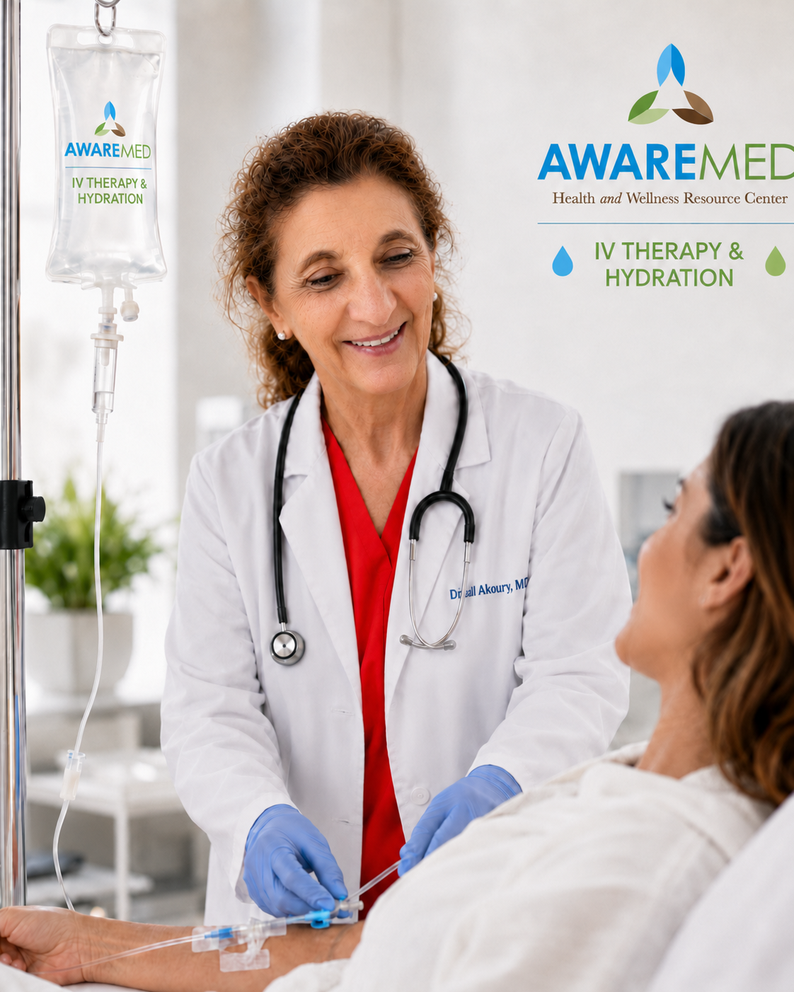Dr. Dalal Akoury MD administering IV Therapy and Hydration at AWAREmed Health and Wellness Resource Center Johnson City TN — personalized intravenous nutrient support