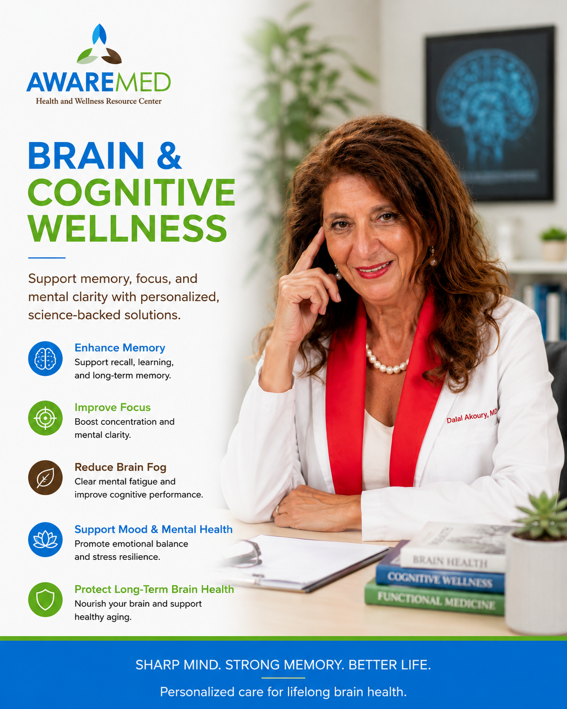 Dr. Dalal Akoury MD — Brain and Cognitive Wellness at AWAREmed Johnson City TN. Support memory, focus, and mental clarity with personalized science-backed solutions.