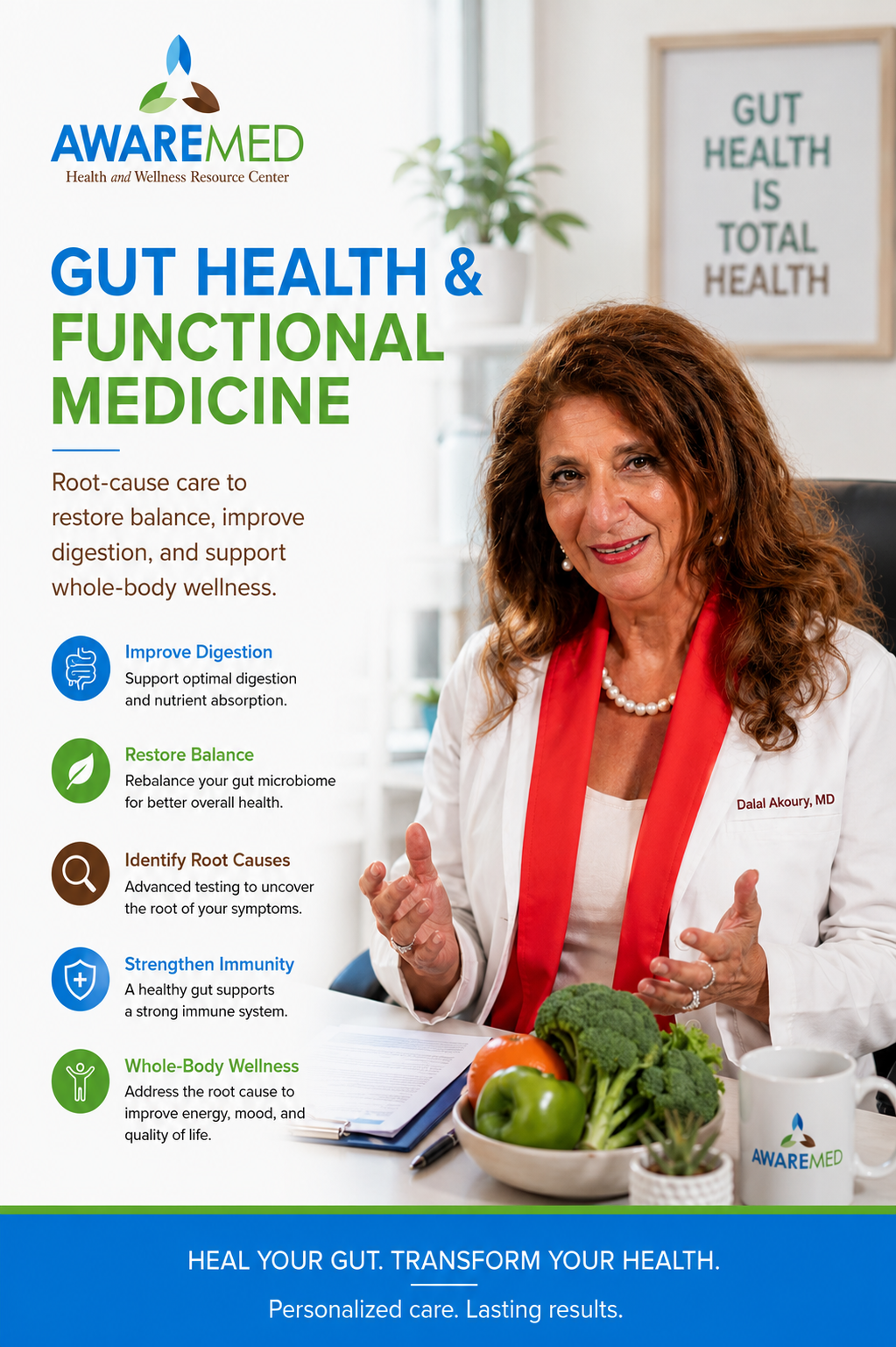 Dr. Dalal Akoury MD gut health and functional medicine — root-cause care to restore balance, improve digestion, and support whole-body wellness at AWAREmed Johnson City TN