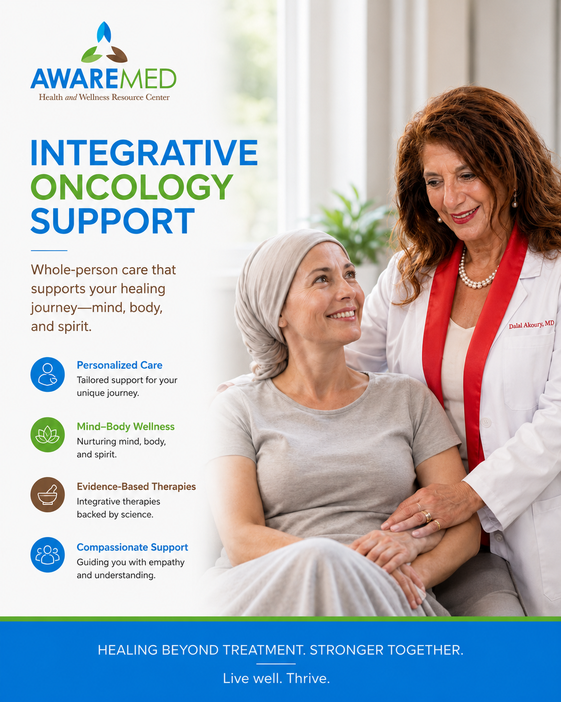 Dr. Dalal Akoury MD providing integrative oncology support — whole-person care that supports healing, mind, body, and spirit, at AWAREmed Johnson City TN