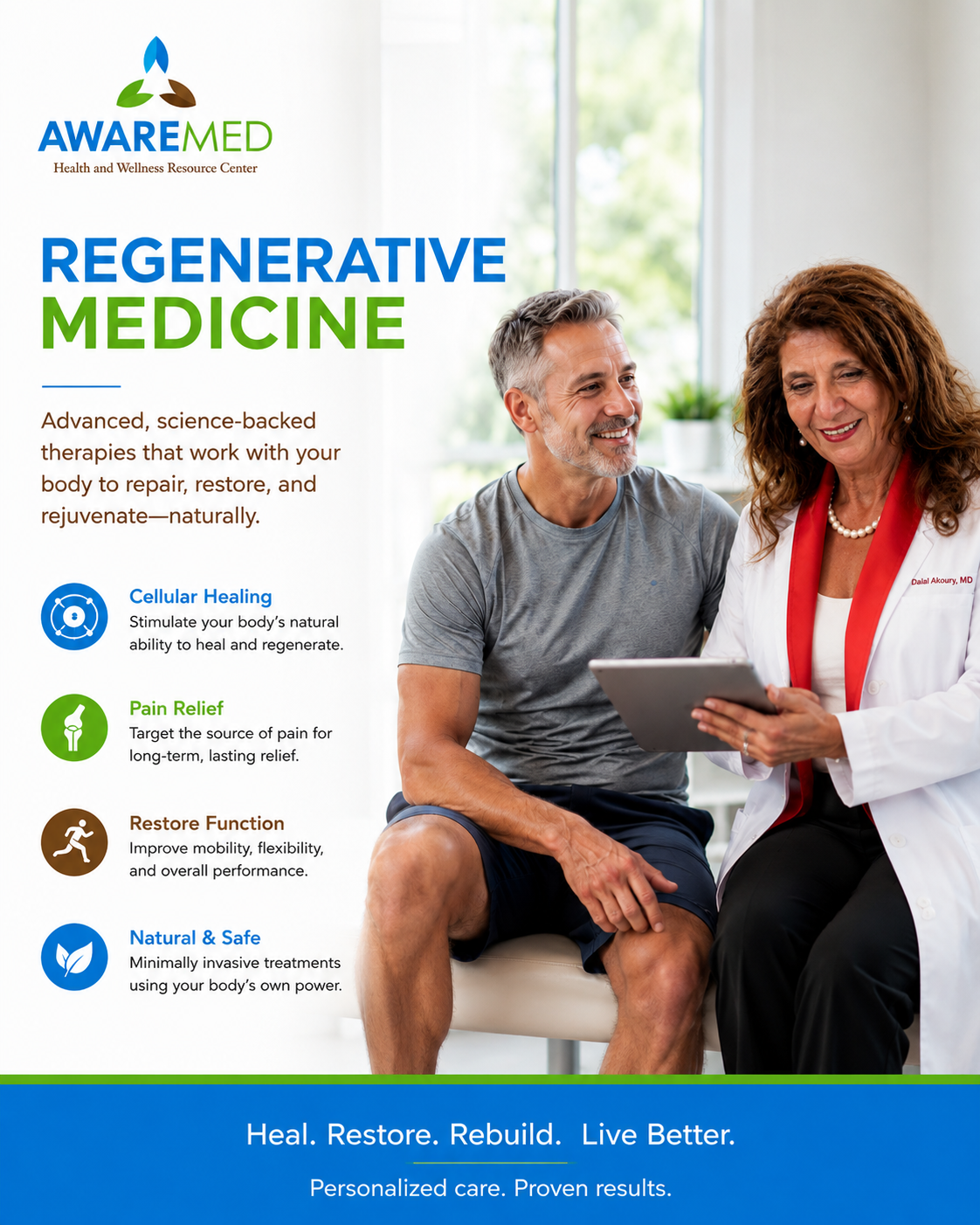 Dr. Dalal Akoury MD — Regenerative Medicine at AWAREmed Johnson City TN. Advanced science-backed therapies that work with your body to repair, restore, and rejuvenate naturally.
